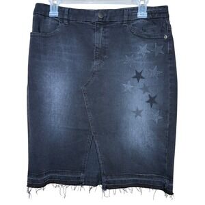 Marc‎ Cain Sz N5/ US10 Denim Skirt Black Star Print Frayed Hem Front Slit Casual